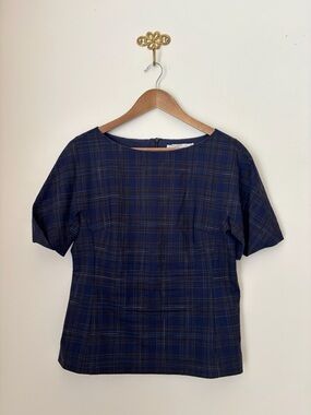 MM LaFleur The Eudora Blue Plaid Top Sz 8 Office Chic